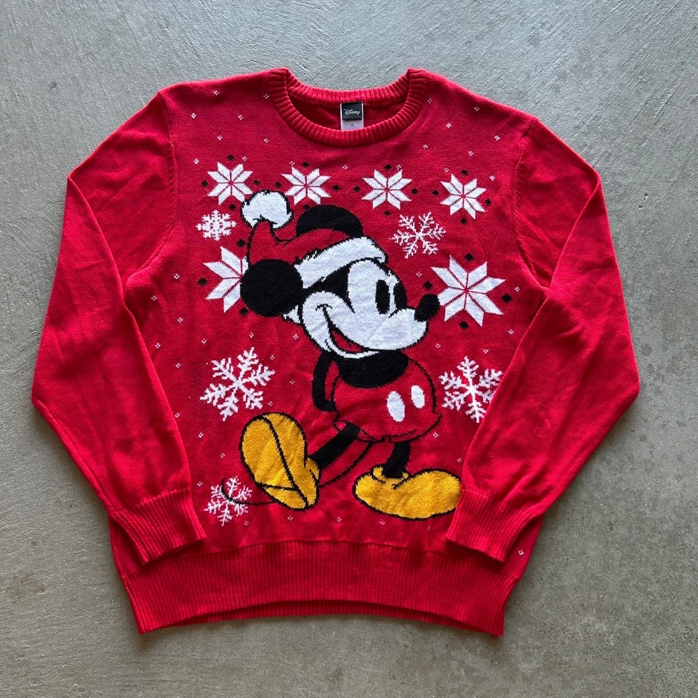 Vintage Disney Mickey Mouse Sweater Size XL Red Christmas Knit Crewneck Winter